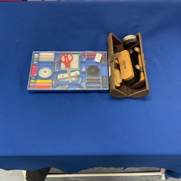 Vintage sewing and shoe care lot with Timpson branding.