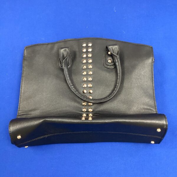 Black leather handbag with silver studs, a stylish fashion accessory.
