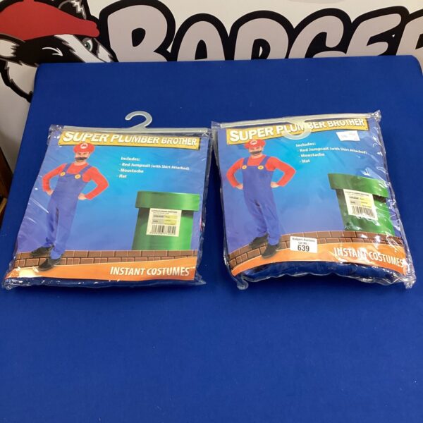 Super Mario costume set with red jumpsuit and moustache.