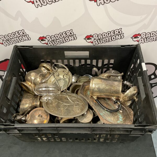 Large crate filled with assorted vintage silver plate items.