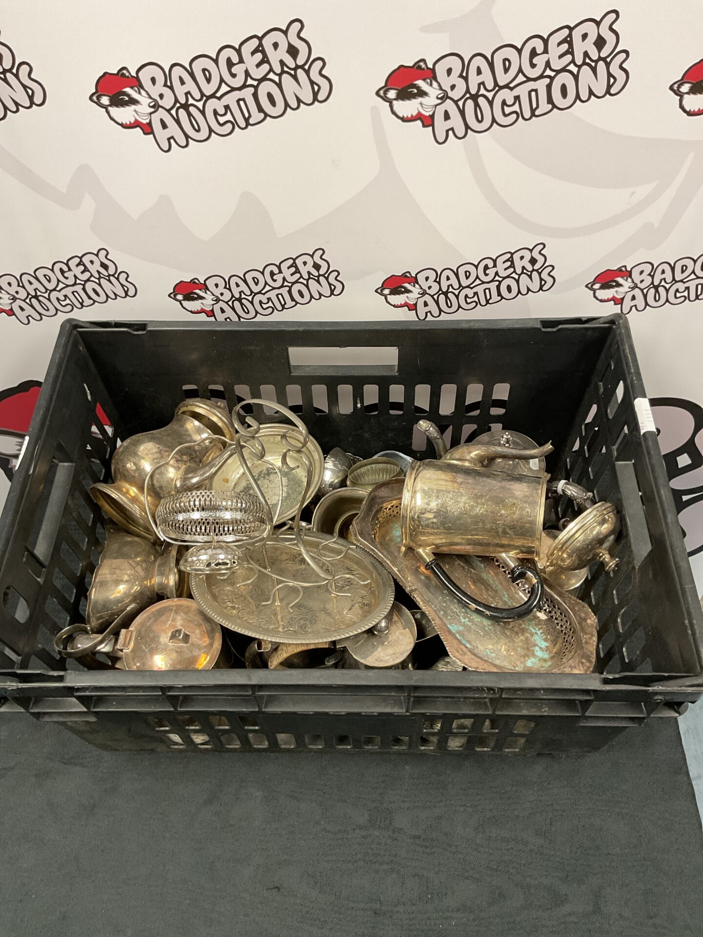 074 Large crate of silver plate including teapots & tankards