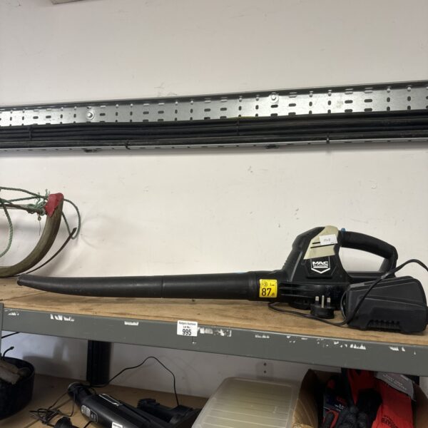 Macallister cordless leaf blower with charger, garden tool.