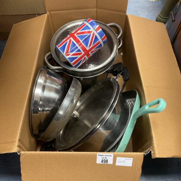 Mixed kitchenware lot including stainless steel pots and pans.
