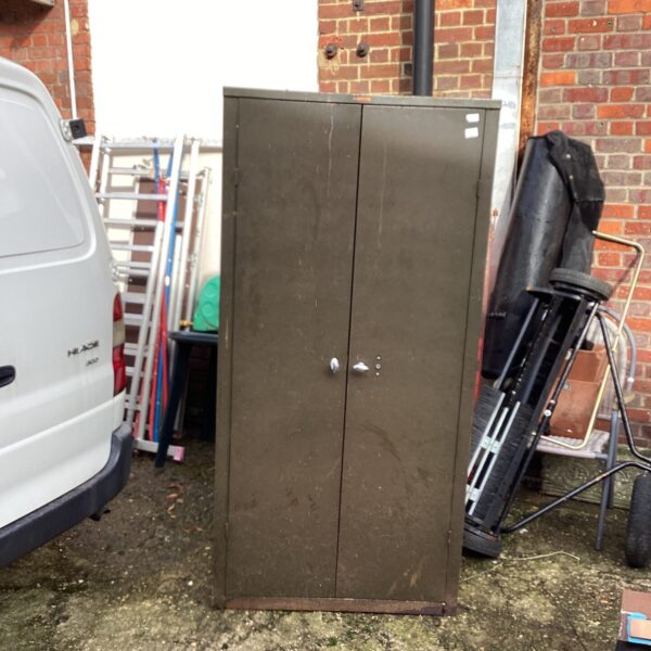 Vintage GTE metal engineers cabinet for workshop storage.