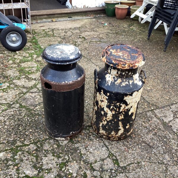 Pair of antique metal milk churns in a garden setting.