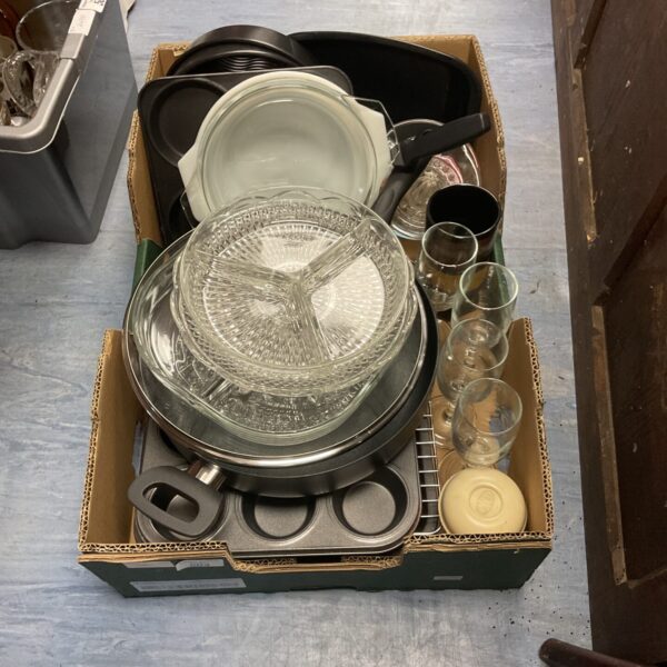 Mixed lot of vintage glassware, metal pots and tins for kitchen use.