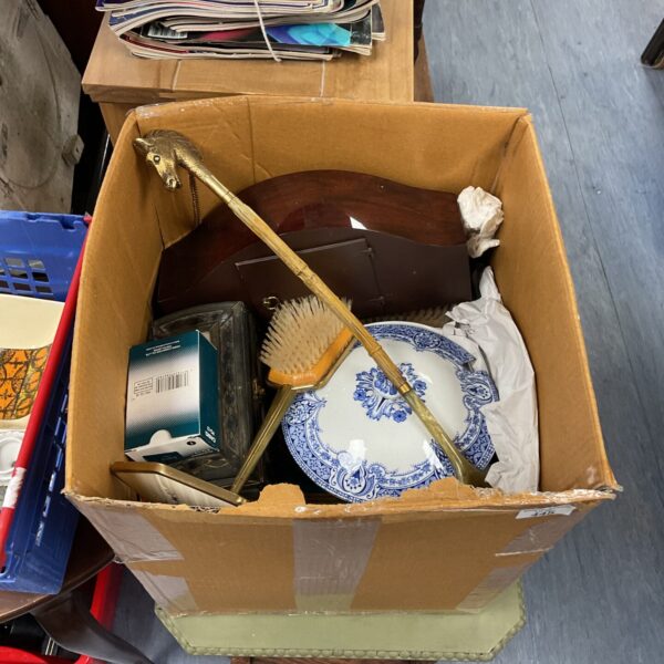 Mixed lot of vintage collectibles including china and clock.