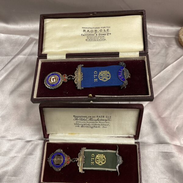 RAOB G.L.E jewels in presentation cases, vintage fraternal regalia.