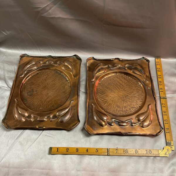 Antique Art Nouveau copper jardiniere stands, a beautiful vintage pair.