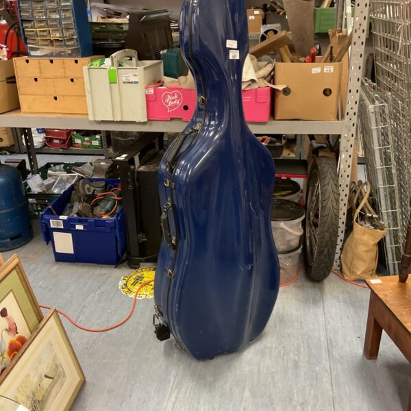 Blue hard plastic cello case for musical instrument protection.