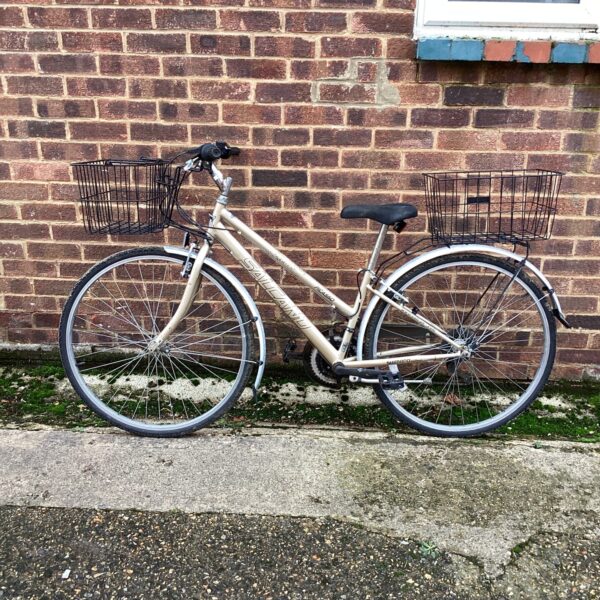 Gold Salcano Picasso bicycle with front basket, vintage style.