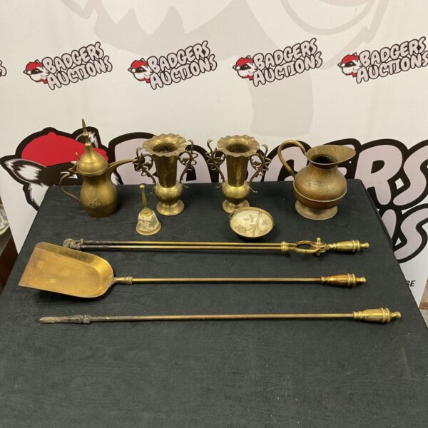 Vintage brassware lot featuring a companion set and cobra urn vases.