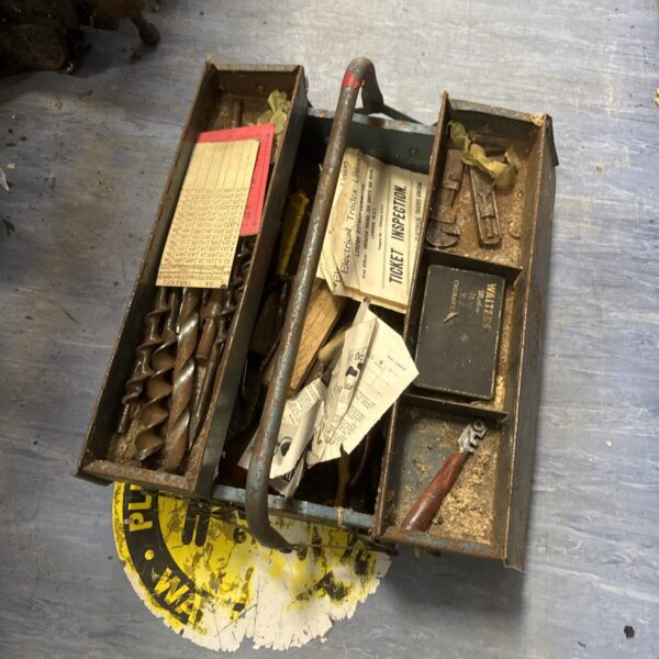 Vintage Talco cantilever toolbox filled with tools.