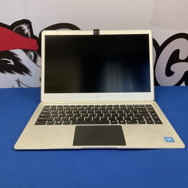 Silver Asus 14 inch laptop, open on a dark surface.