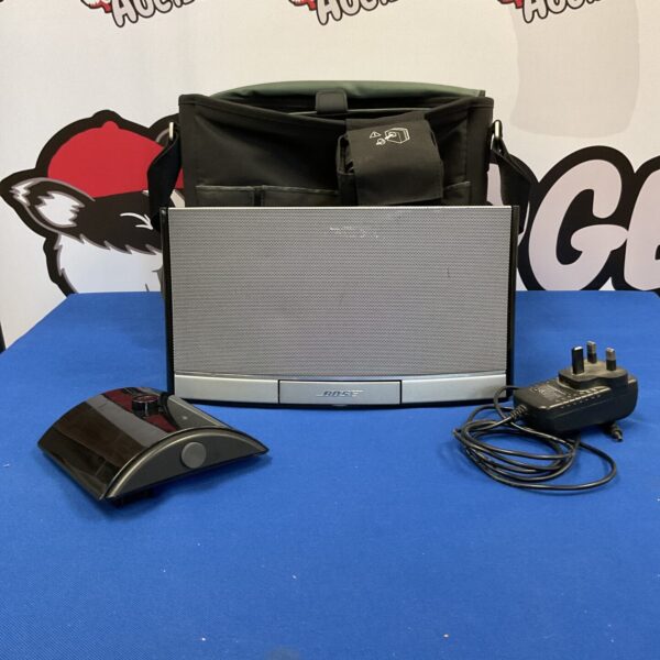 Bose SoundDock portable digital music system with carry case.