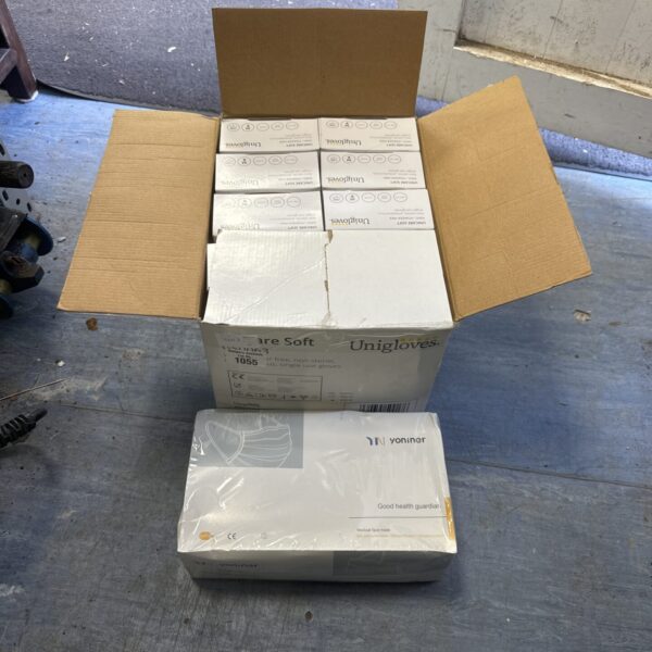 Box of medical gloves and face masks for healthcare protection.