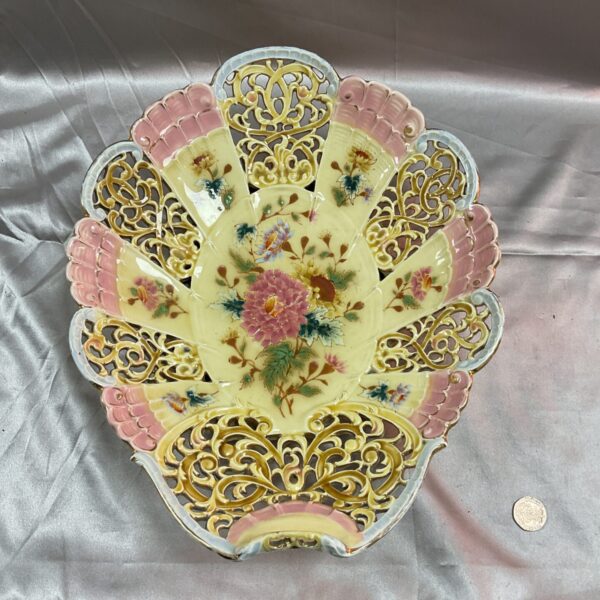 Antique Austria Hungary pierced floral dish with hand-painted details.