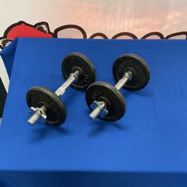 Pair of 2.5kg cast iron dumbbells for home fitness.