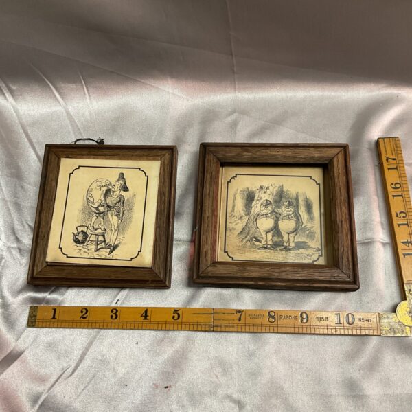 Framed antique Alice in Wonderland etchings, Victorian illustrations.