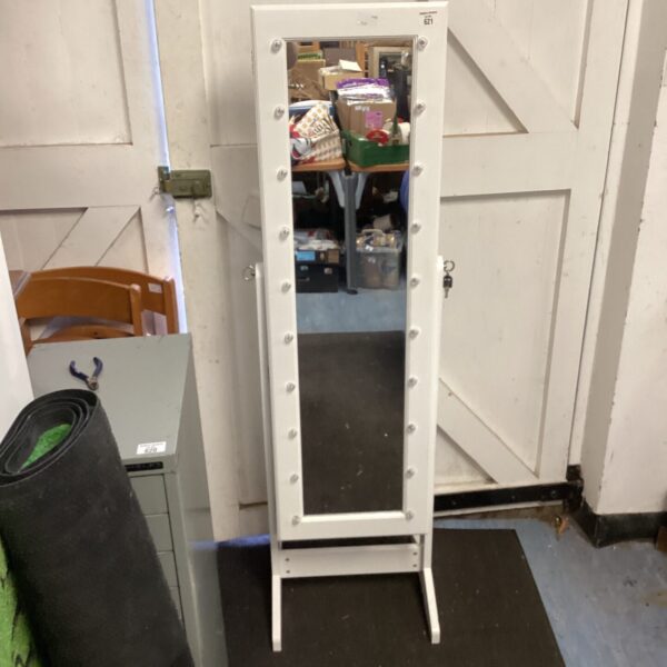 Full-length light-up jewellery cabinet with mirror and storage.