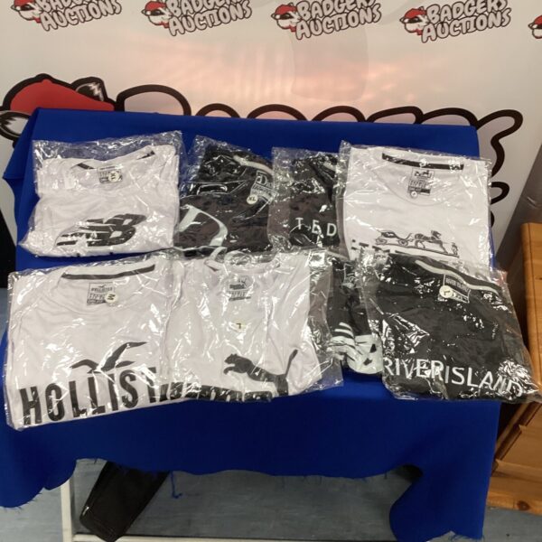 Assorted designer T-shirts from New Balance, Puma, and Hollister.