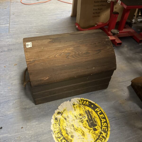 Rustic wooden chest with stainless steel sink inside, portable hand wash station.