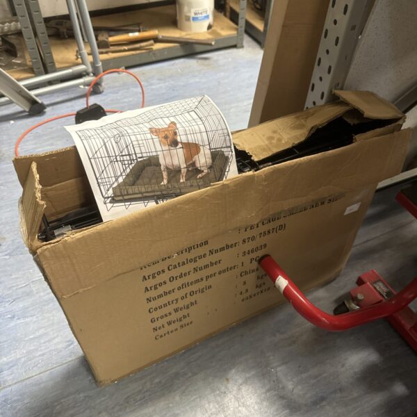 Used folding pet cage, model 870-7558, for small animal transport.