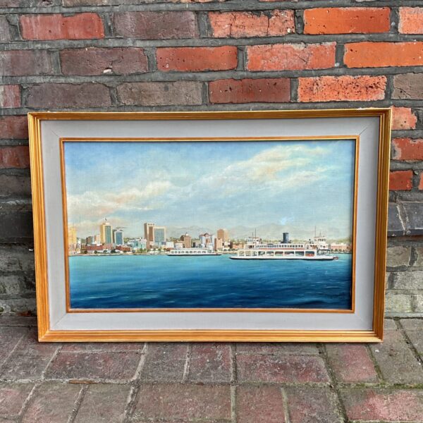 Vintage coastal city oil painting with steam boats by B.E. Gastell.