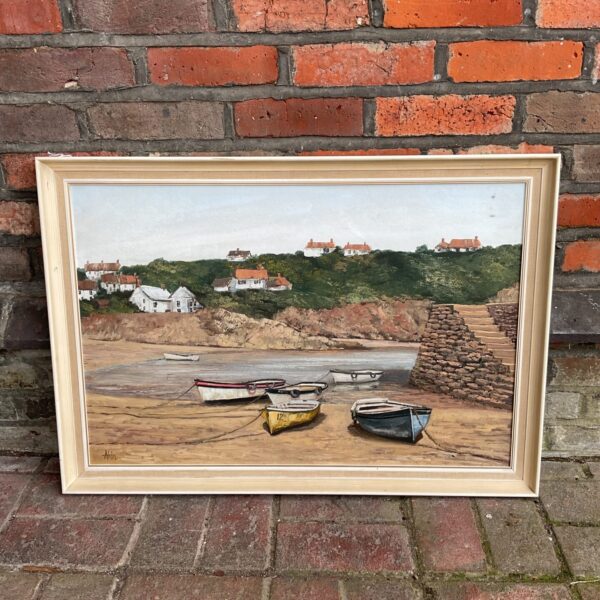 Vintage oil painting of Gorran Haven harbour, a charming Cornish coastal scene.