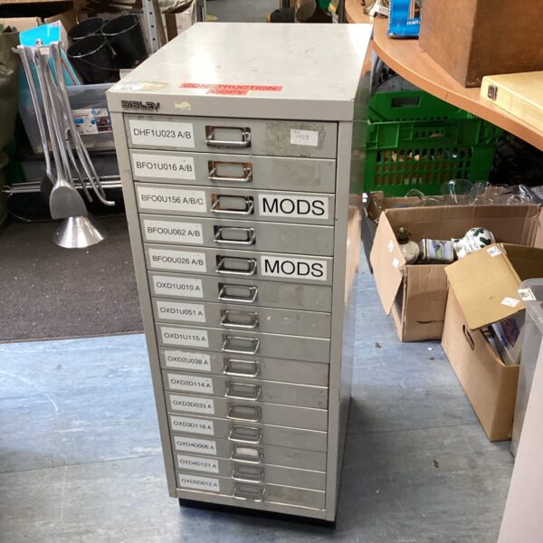 Metal Bisley fifteen drawer cabinet for workshop storage.