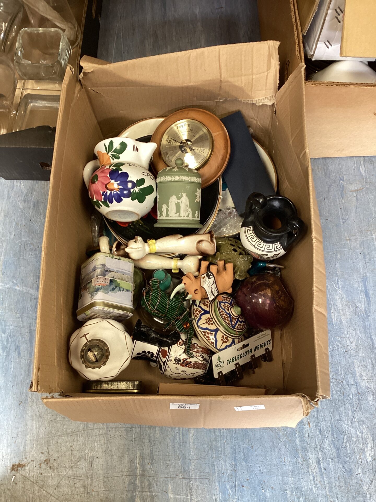 664 Box of mixed house clearance inc barometer & wedgwood jasperware