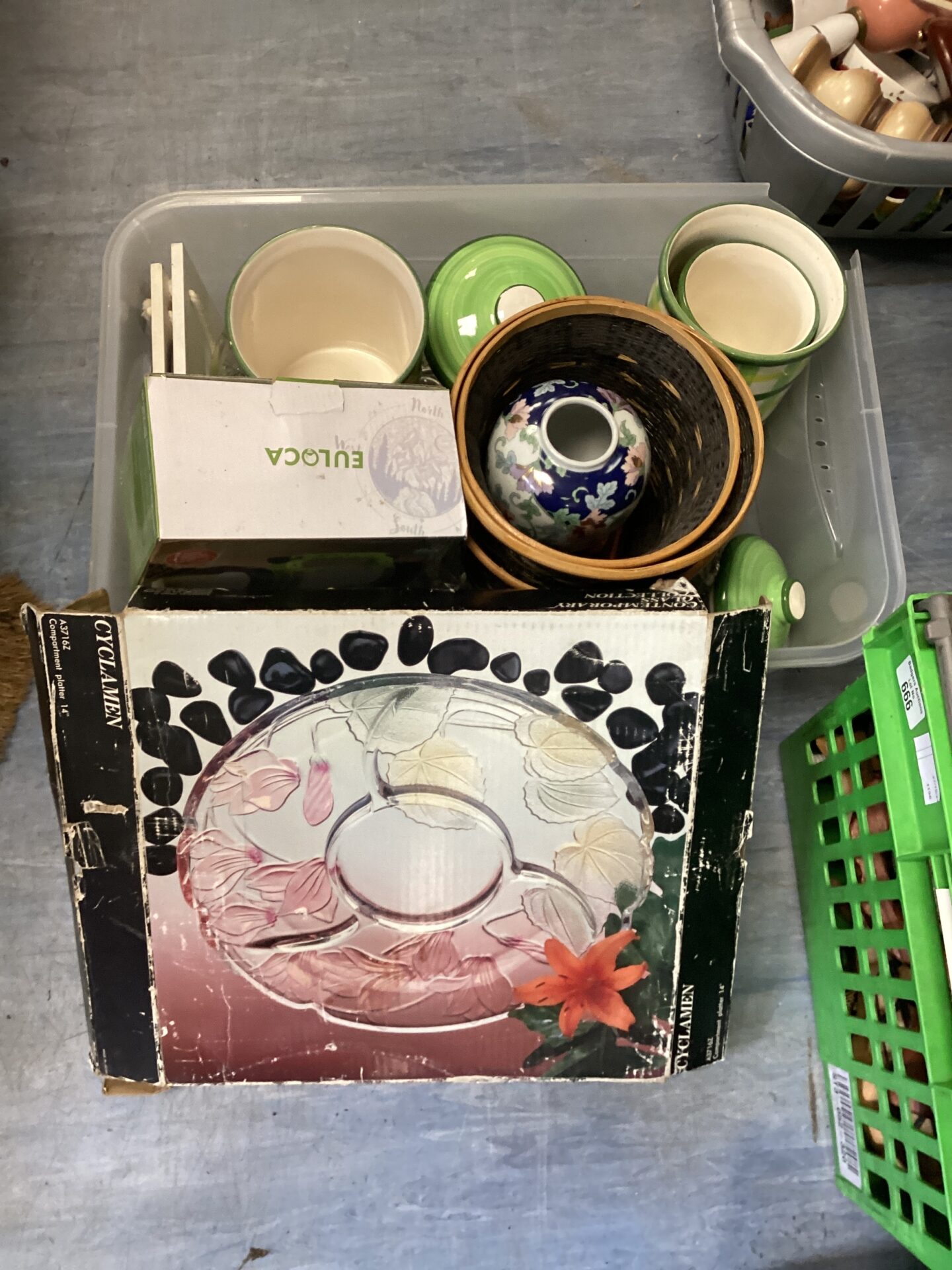 634 Box of mixed house clearance inc euloca camping light & large contemporary glass serving plate