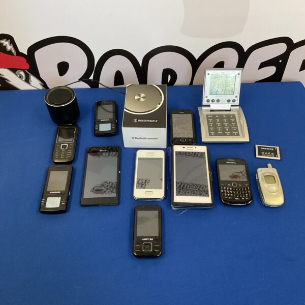 Vintage mobile phone lot with Sony Ericsson and Samsung devices.