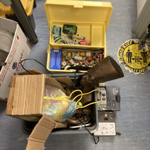 Mixed lot of vintage collectibles including an Egyptian bust and alarm clock.