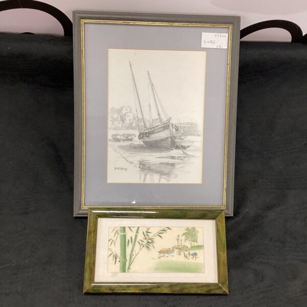 Vintage David Willis pencil drawing of a boat at sea.