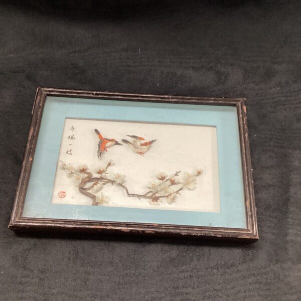 Vintage Asian bird panel with a colourful bird and blossoms.