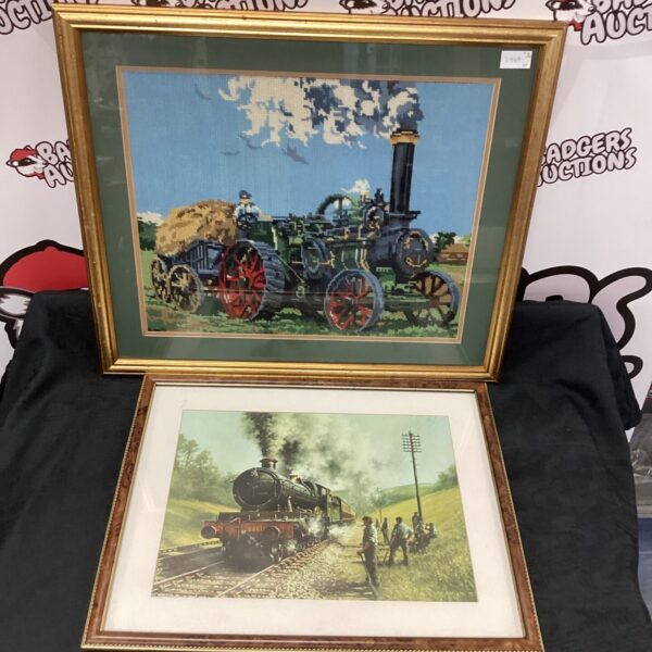 Framed vintage steam engine tapestry with detailed railway scene.