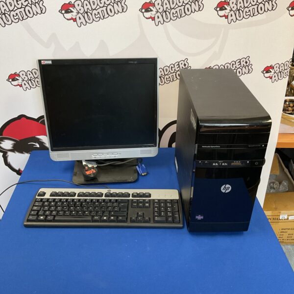 HP desktop PC with monitor and keyboard bundle for sale.