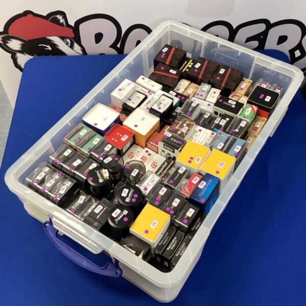 A box filled with a diverse lot of vaping mods and rigs.