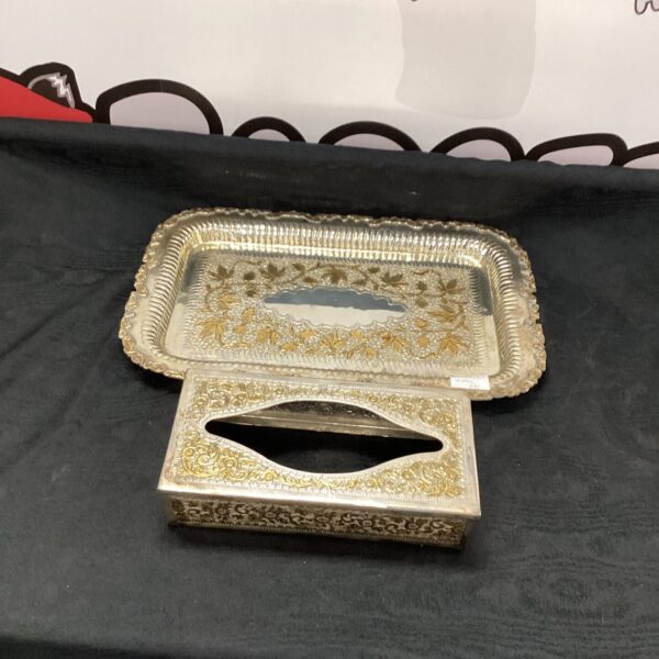 Vintage silverplate tissue box and tray with Asian detailing.