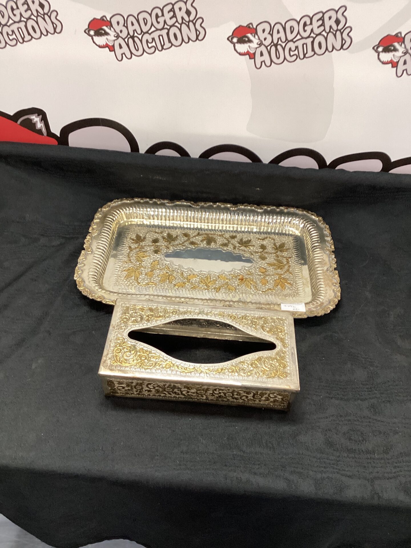 280 Asian decorated silverplate tray and tissue box