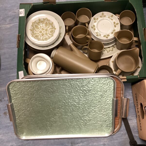 Vintage crockery set on a serving tray, mid century style.