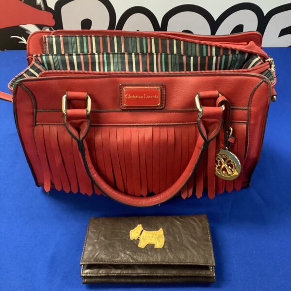 Red Christian Lacroix handbag with fringed detail and Radley purse.