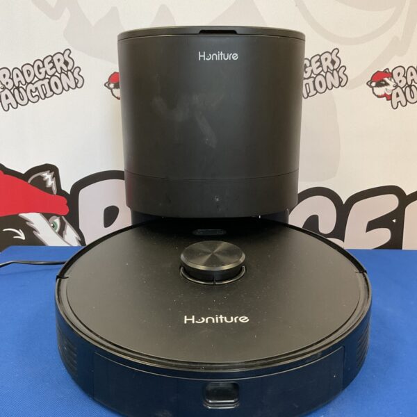 Sleek black Honiture robotic vacuum cleaner for automated home cleaning.