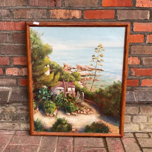 Signed 1992 oil painting of a coastal cottage by Podi.