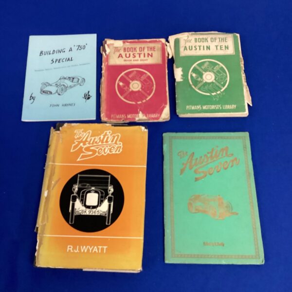 Vintage Austin motoring books including manuals for the Seven, Eight and Ten.