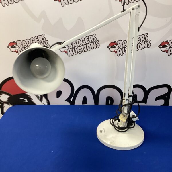 Vintage Anglepoise lamp with adjustable arm and white shade.