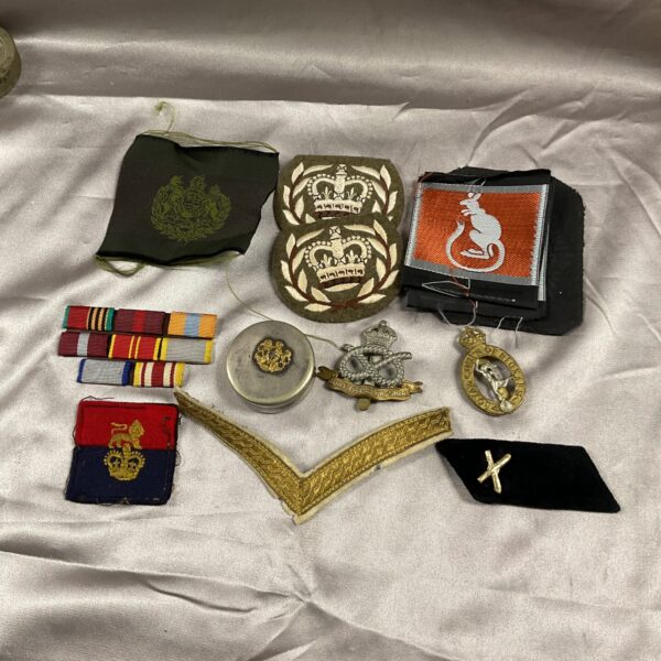 Collection of British military badges and insignia, including cap badges and shoulder titles.
