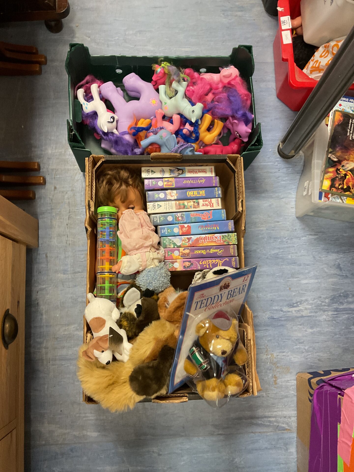 397 Two boxes of mixed toys inc my little pony figures, walt disney vhs tapes and mixed teddies