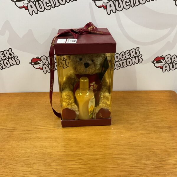 Front view of Harrods bear gift set in decorative box.
